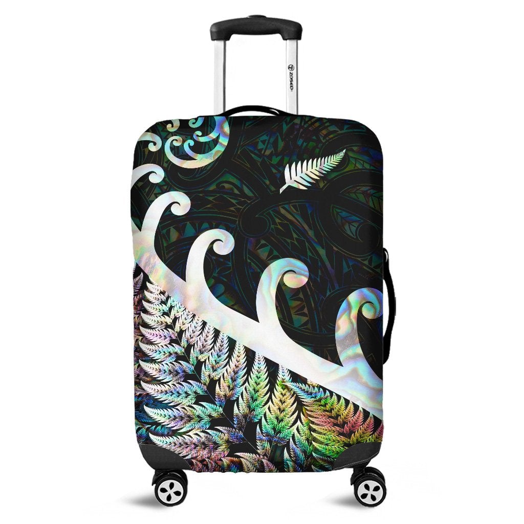 New Zealand Rugby Maori Luggage Cover Silver Fern Koru Vibes Paua Shell LT8 - Wonder Print Shop