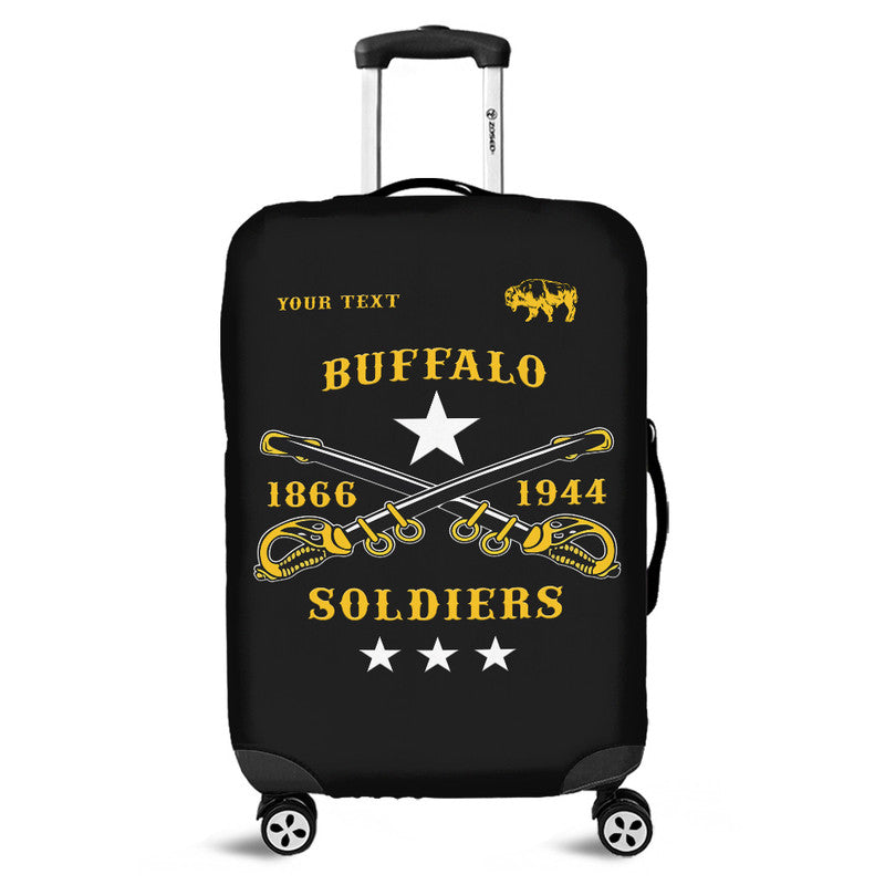 Black luggage cover with Buffalo Soldiers graphic, star, 1866 and 1944 text, wheel cutouts
