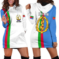 Multicolor striped hoodie dress with Eritrea crest graphic, front view