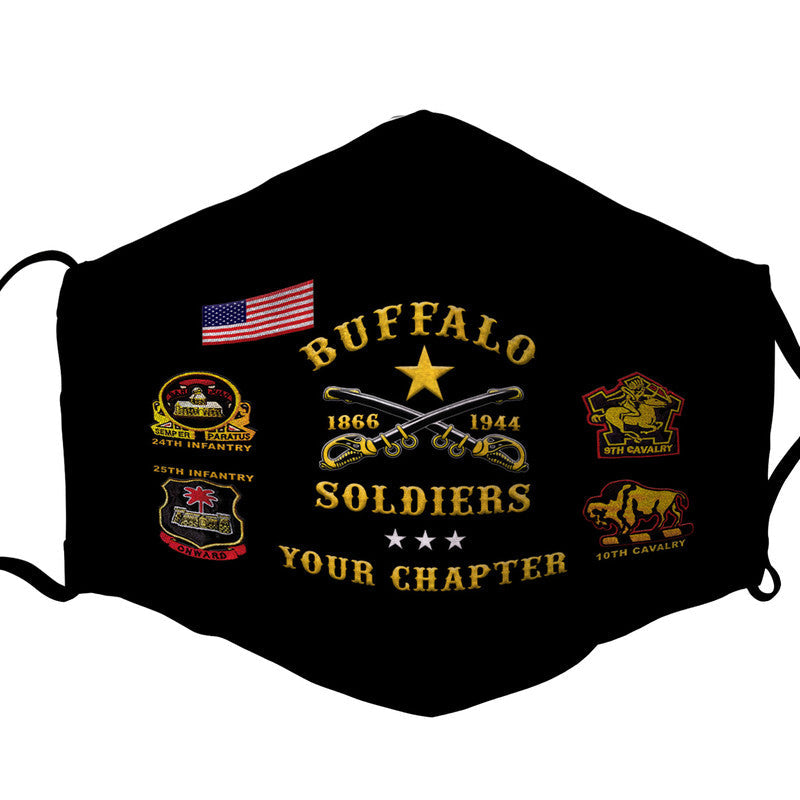 Black face mask with Buffalo Soldiers patch-style artwork and American flag