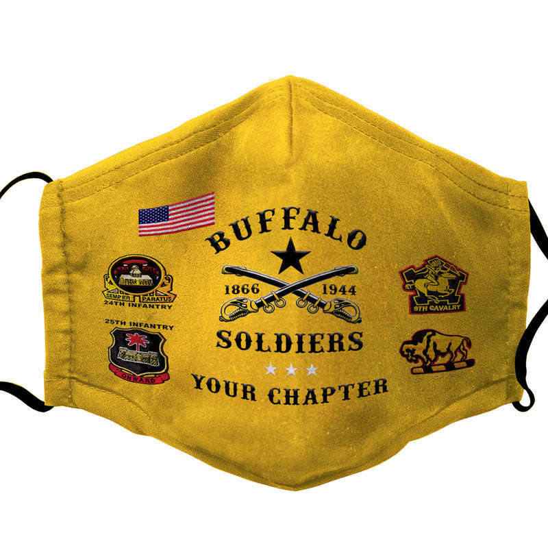 Gold face mask with black border, Buffalo Soldiers text and insignias