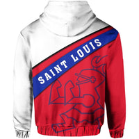 Saint Louis pullover hoodie with large red city map graphic and blue diagonal sash
