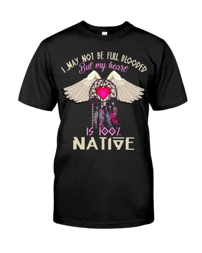 Black 3D graphic Native American heart T-shirt, front view with wings and text