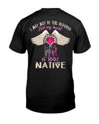 Black 3D graphic Native American heart T-shirt, back view with wings and Native text