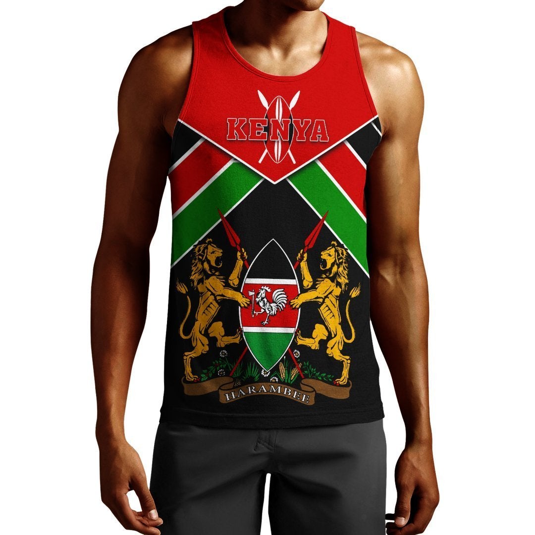 Red men's tank top with Kenya graphic, lions crest and multicolor flag design