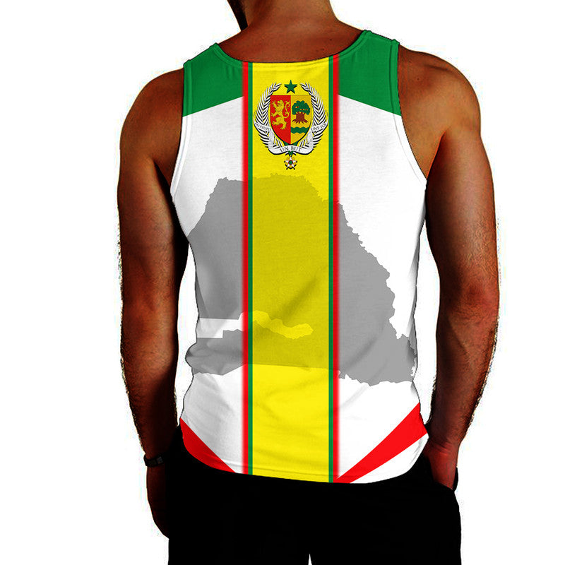 Men's tank top with green trim and white body, yellow crest panel with red stripe