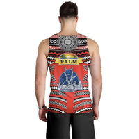 Back view of red sleeveless tank top with tribal pattern, PALM logo and blue bull graphic