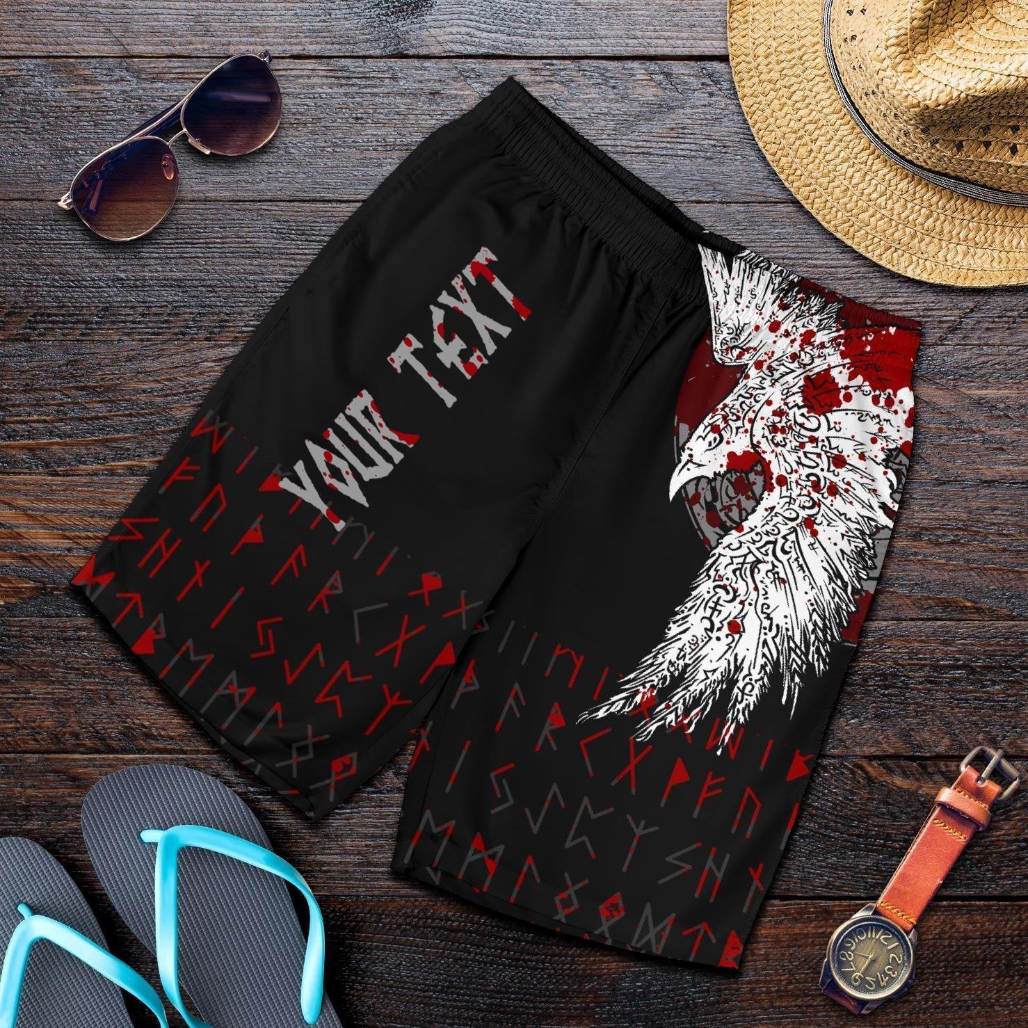 custom-viking-mens-shorts-mystical-raven-tattoo-blood