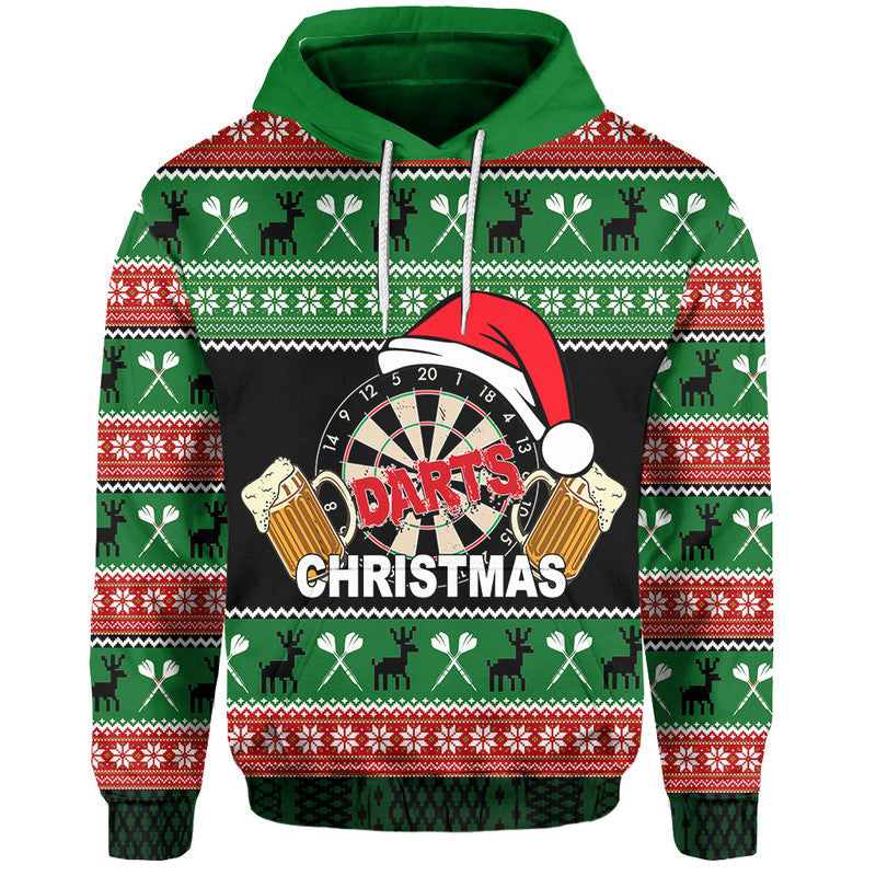 Green pullover Christmas hoodie with dart-themed graphic and red hood lining; drawstrings.