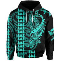 Green pullover hoodie with turquoise Polynesian warrior front graphic