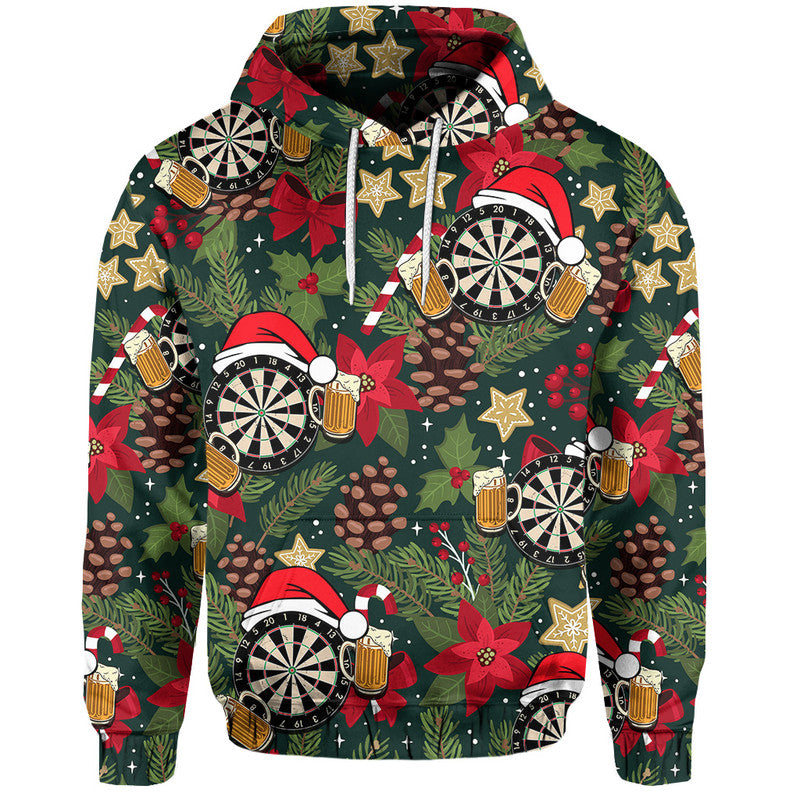 Dark green Christmas darts hoodie with hood and white drawstrings