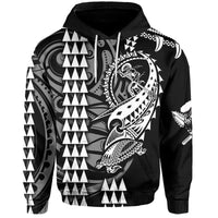 Black pullover hoodie with full-front tribal warrior graphic and hood