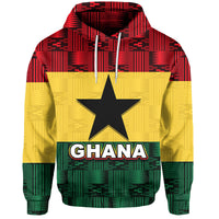 Red pullover hoodie with hood and drawstrings, GHANA star and text print on front