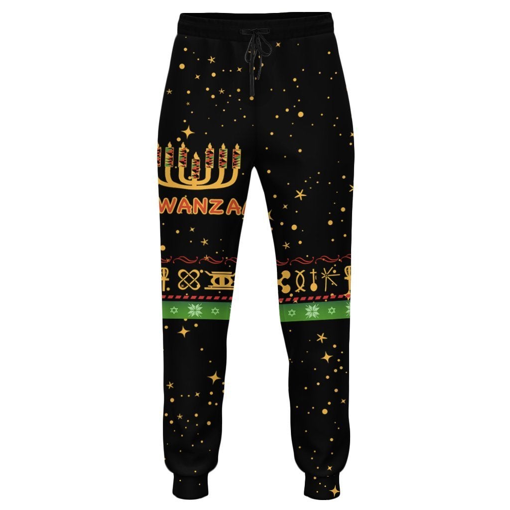 Black jogger pants, gold star print, colorful holiday stripe band