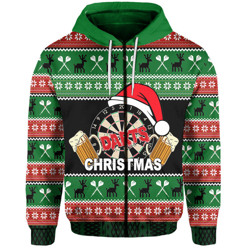 Green pullover Christmas hoodie with dartboard graphic, red Santa hat, and kangaroo pocket.