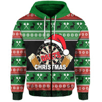 Green pullover Christmas hoodie with dartboard graphic, red Santa hat, and kangaroo pocket.