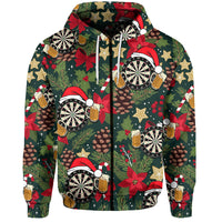 Dark green Christmas darts hoodie, front view, kangaroo pocket and hood drawstrings