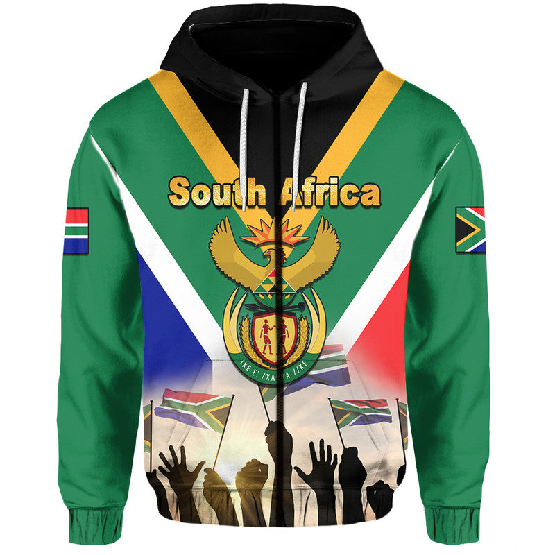 Green pullover hoodie with black hood, South Africa graphic and sleeve flag patches