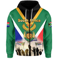 Green pullover hoodie with black hood, South Africa graphic and sleeve flag patches