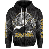 Black pullover hoodie with front bird-and-seal emblem and "SAMOA" lettering, tribal pattern background