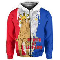 Red and blue pullover hoodie with white hood, drawstrings, and front graphic text