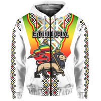 White pullover hoodie, front view: bold Ethiopia logo over colorful pattern