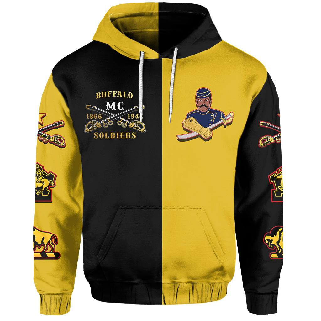 Black and gold split-color hoodie with front cowboy graphic, hood and white drawstrings