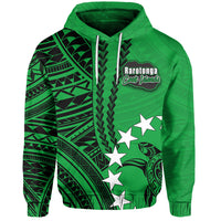 Green pullover hoodie with tribal print, star graphics, and Rarotonga Cool Islands logo