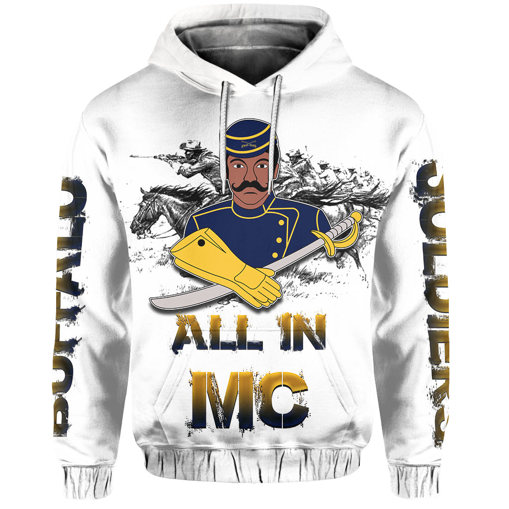 White pullover hoodie with Buffalo Soldier graphic and 'All in MC' lettering