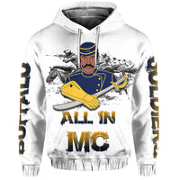 White pullover hoodie with Buffalo Soldier graphic and 'All in MC' lettering