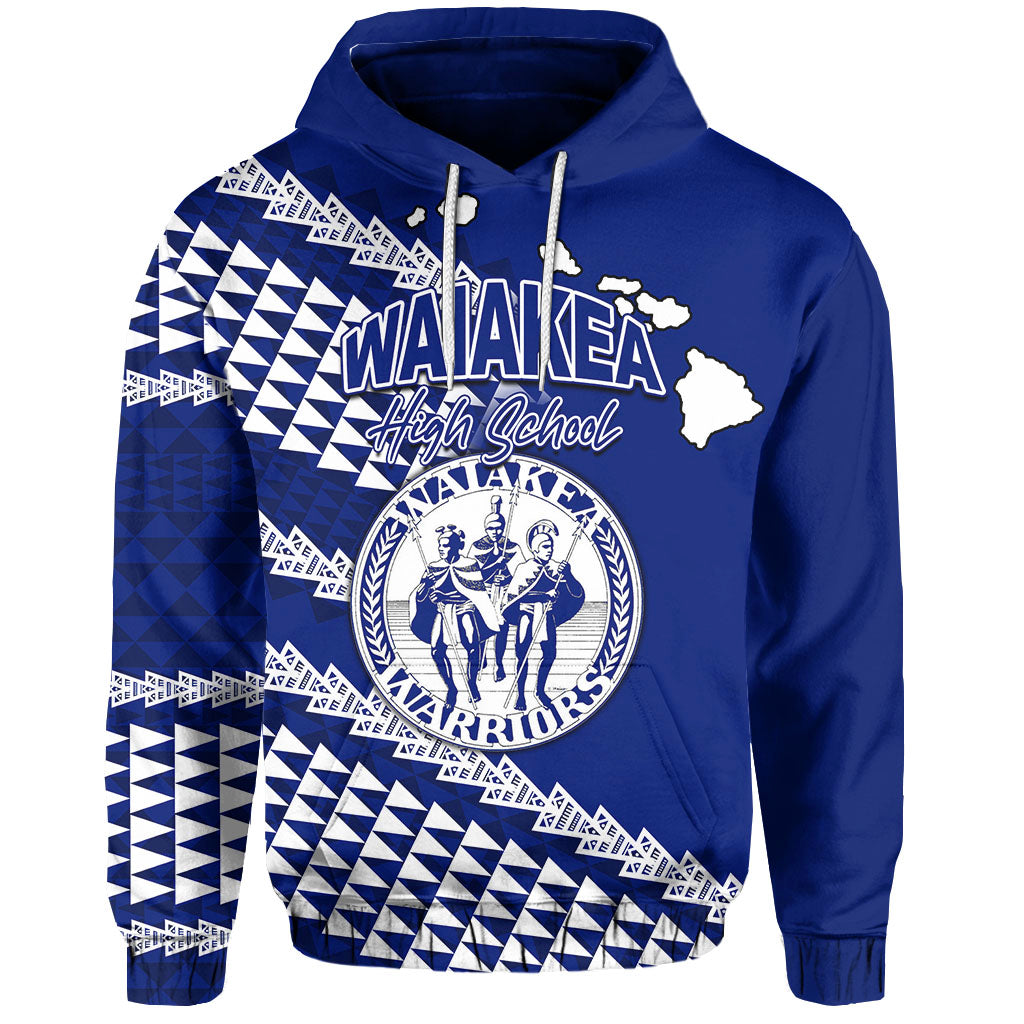 Blue pullover hoodie with large front school crest and geometric pattern sleeves