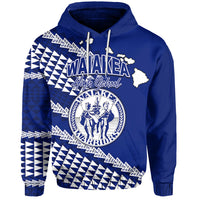 Blue pullover hoodie with large front school crest and geometric pattern sleeves