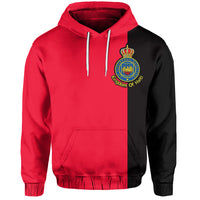 Red pullover hoodie with dark split panels, hood drawstrings, and front kangaroo pocket