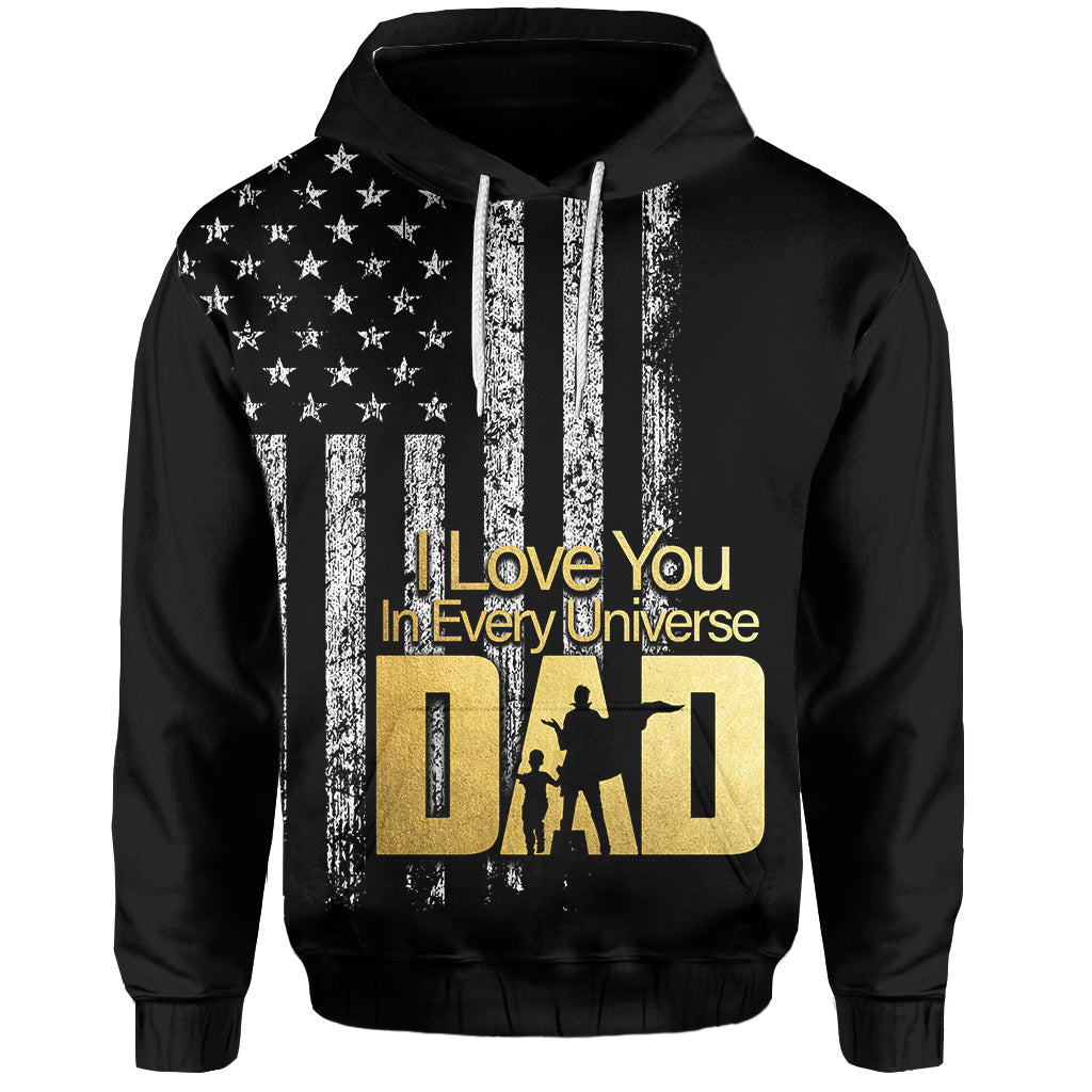 Black pullover hoodie with American flag stars, stripes and gold "I Love You" graphic