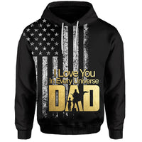 Black pullover hoodie with American flag stars, stripes and gold "I Love You" graphic