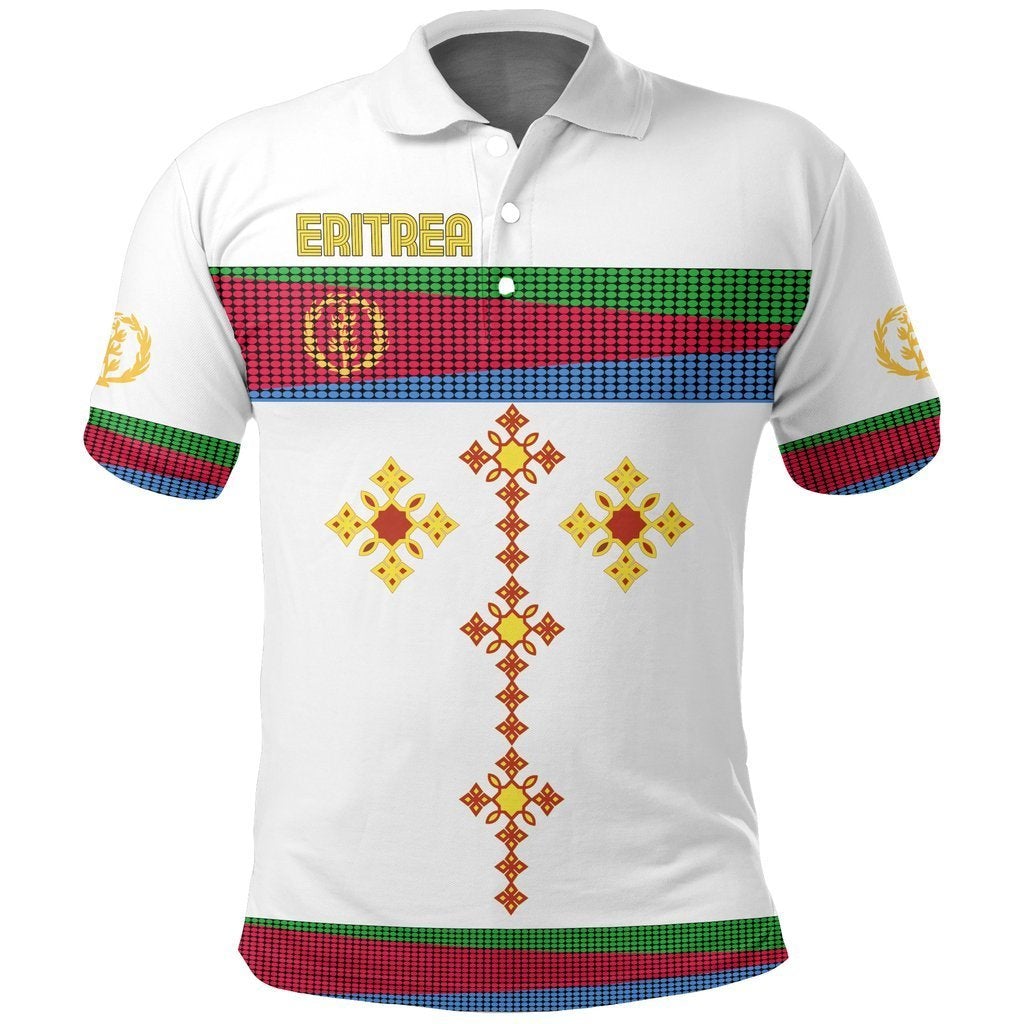 White Eritrea polo with front graphic: ERITREA text, flag stripes, gold cross