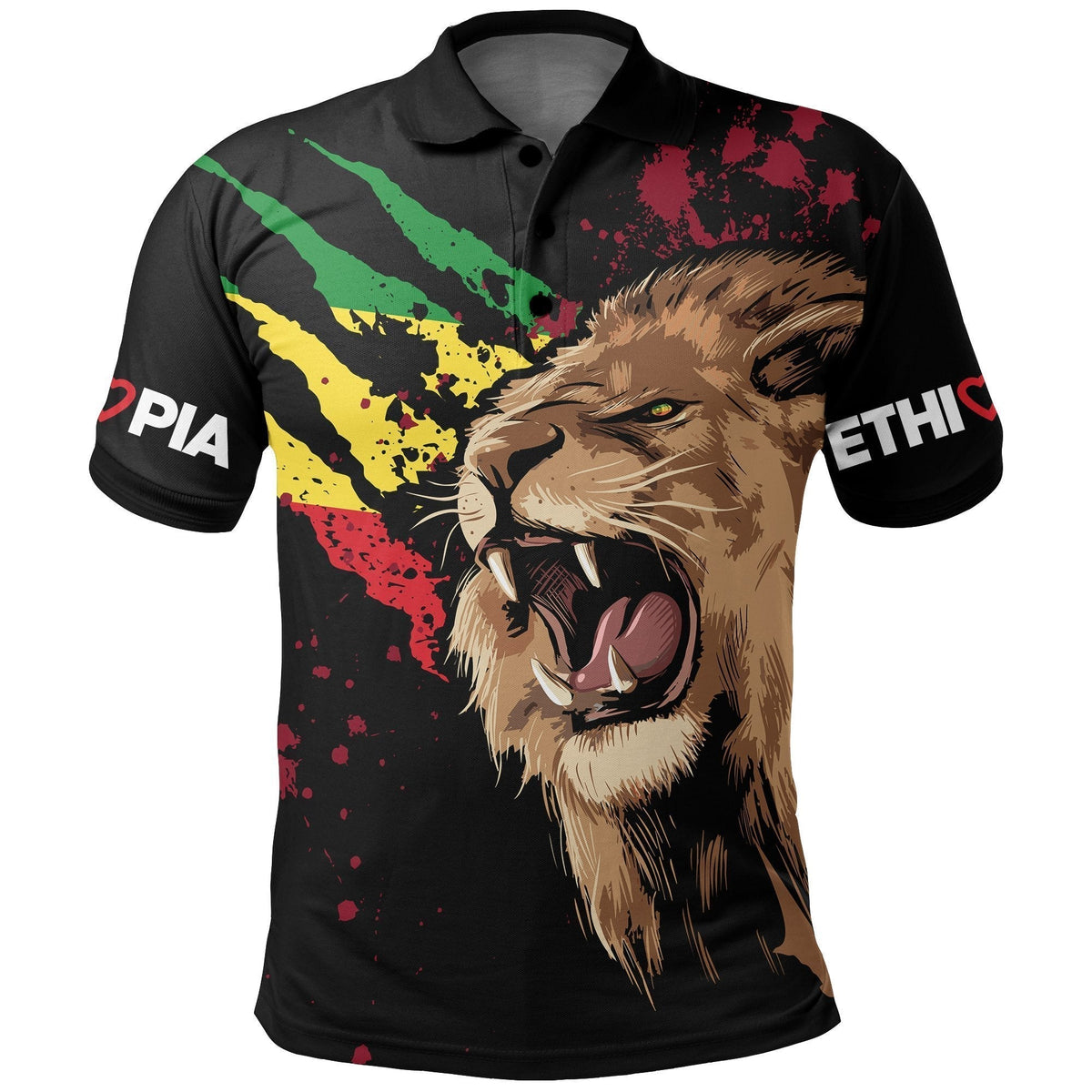 Black polo shirt with roaring lion graphic and red-green-yellow flag accents