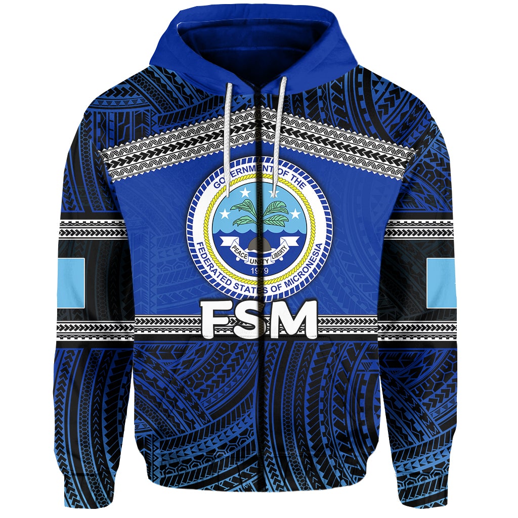 Blue zip hoodie with Polynesian pattern, FSM seal and large letters front