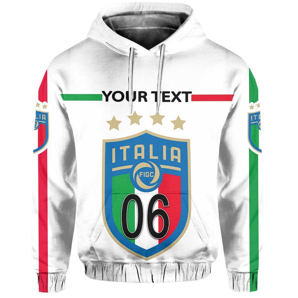 White hoodie with “YOUR TEXT”, Italia crest and stars; drawstring hood, front view.