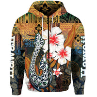 Custom Hawaii fish hook zip hoodie, yellow with white/red floral and dark tribal print