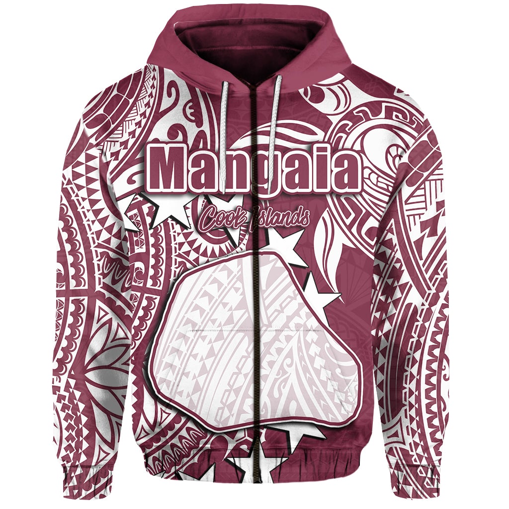 Maroon zip hoodie with Manaia graphic, Cook Islands text, and tribal pattern print
