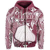Maroon zip hoodie with Manaia graphic, Cook Islands text, and tribal pattern print