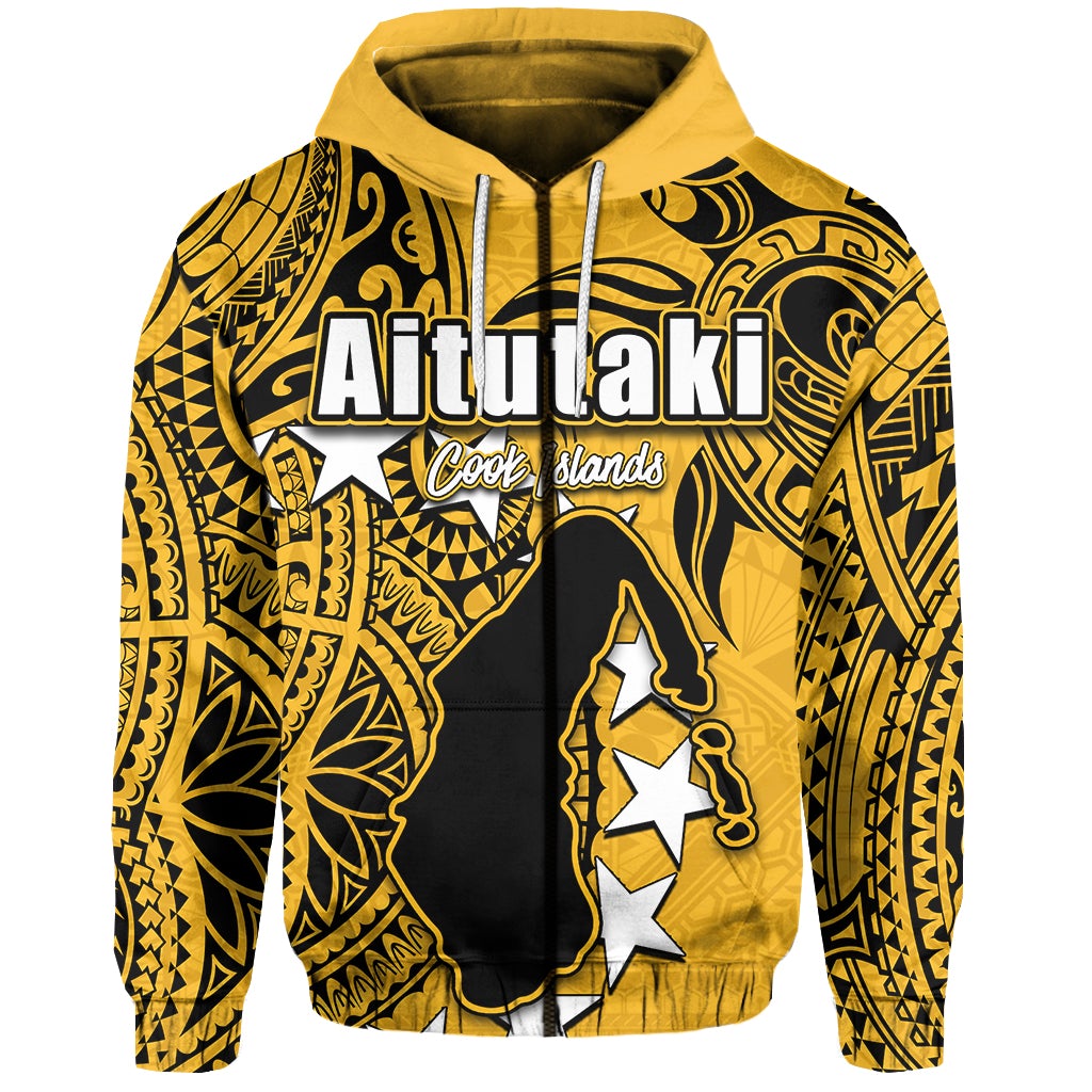 Custom Cook Islands zip hoodie Aitutaki LT6 in yellow with bold black front graphic
