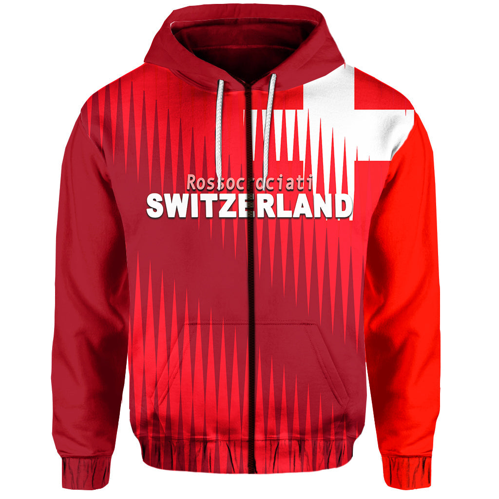 Red zip hoodie with Switzerland graphic, front zip, hood cords, white text