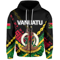 Hooded sweatshirt with Vanuatu Polynesian graphic on black front, drawstrings