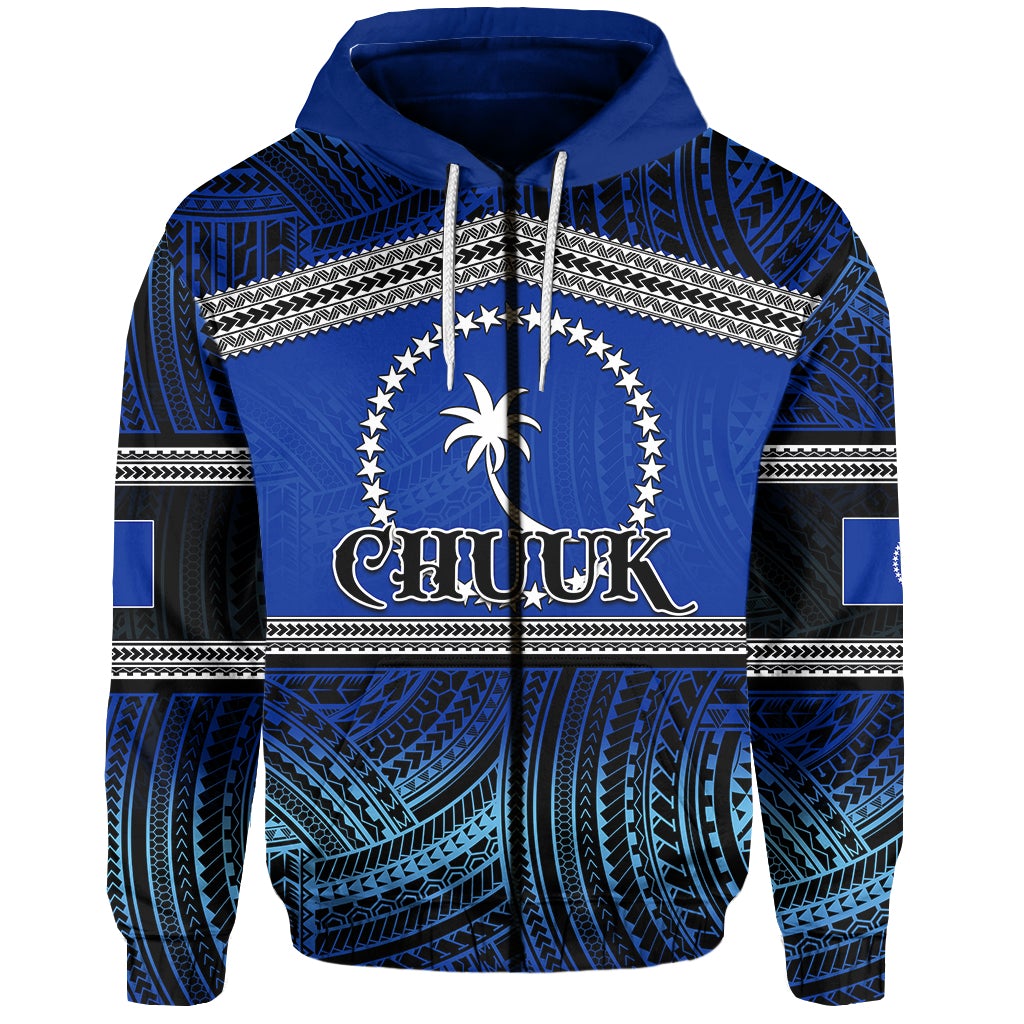 Blue zip hoodie with Polynesian pattern panels, hood, and front zipper