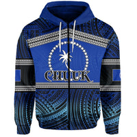 Blue zip hoodie with Polynesian pattern panels, hood, and front zipper