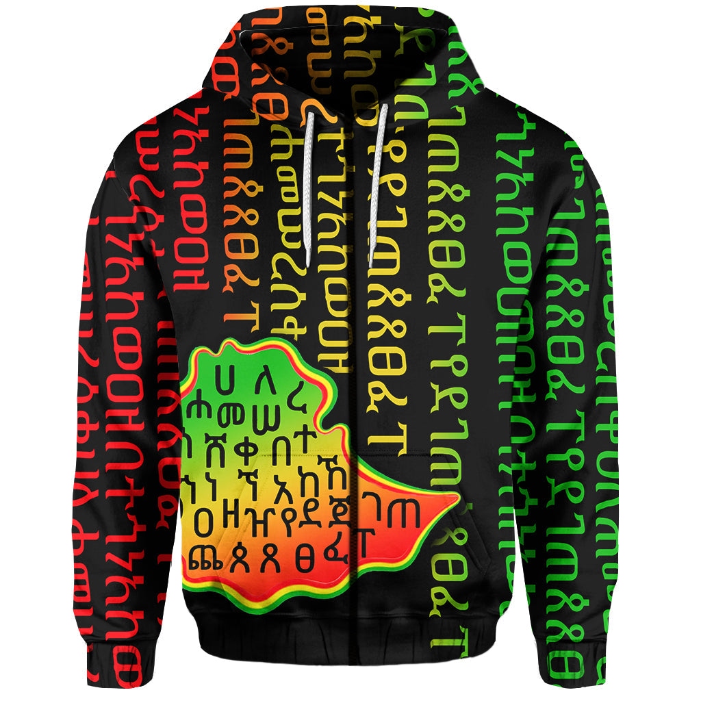 Black zip hoodie with multicolor Ethiopian alphabet pattern and central crest logo