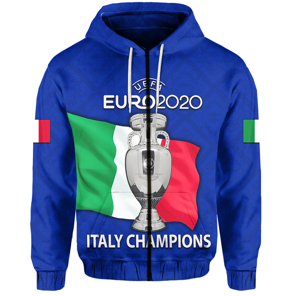 Blue zip hoodie with hood, front print EURO2020 trophy and Italy Champions text