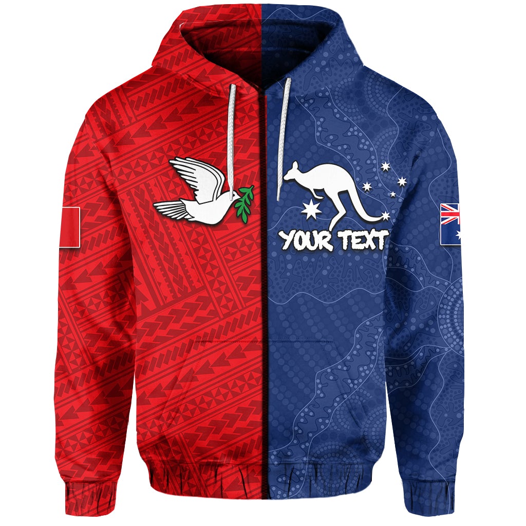 Reißverschluss-Hoodie rot/blau, großer Druck mit Känguru und Platzhaltertext